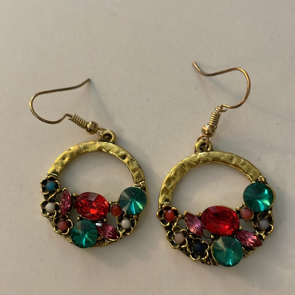 Elegant Hammered Gold and Multicolor Gem Flat Hoop Earrings - Picture 6 of 9